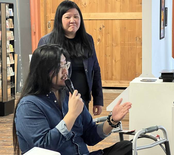 Jordan Wong, executive director of the new nonprofit Northeast Ohio Asian American Arts, spoke to artists and supporters at the organization's launch party Oct. 15 at Zygote Press.